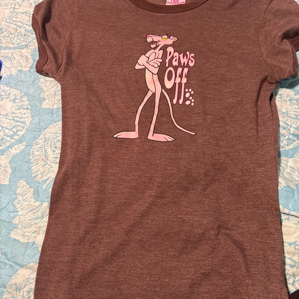 Brown Juniors Vintage Pink Panther’s T-Shirt with Pink Graphic-medium